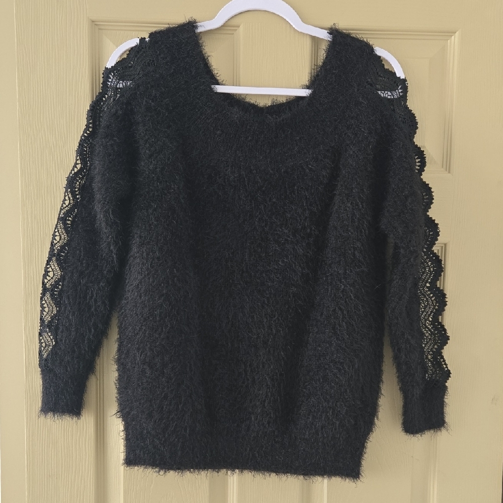 Chic Black Sweater with Lace Sleeves